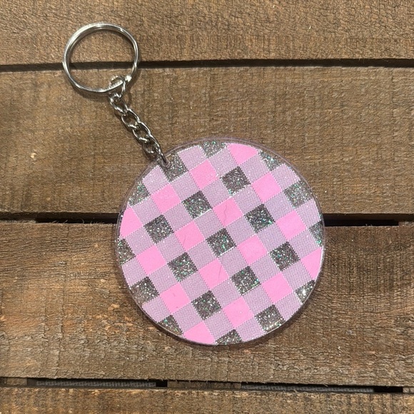 Pink and Silver Checkered Keychain - Picture 1 of 2